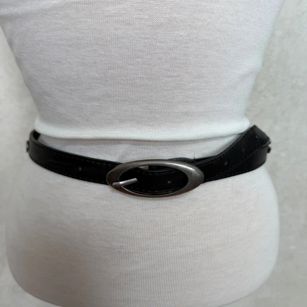 Womens Black Faux Leather Slim Belt Silver Crescent Moon Studs Oval Buckle Y2K